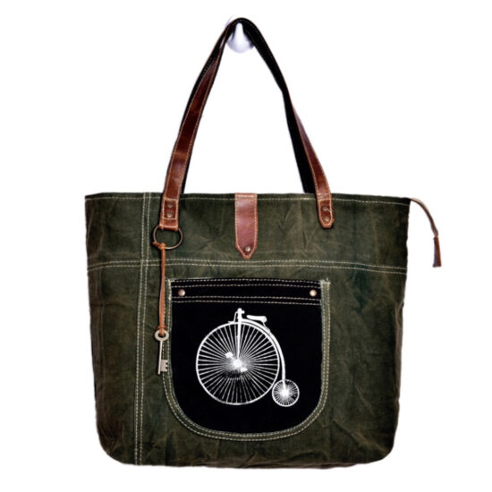 Cycle Print Green Tote Bag