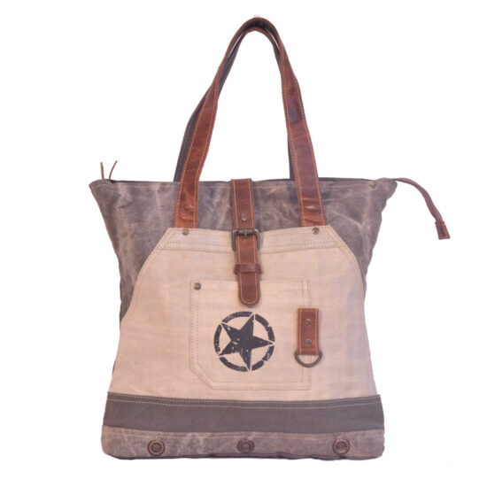 Star Print On White Washed Tote Bag